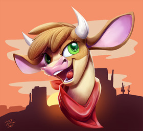 brown_body brown_fur brown_hair eyelashes female feral fur green_eyes hair horn multicolored_body multicolored_fur open_mouth outside solo sun tan_body tan_fur tongue toony two_tone_body two_tone_fur tsitra360 them's_fightin'_herds arizona_cow_(tfh) beef_cattle bovid bovine cattle hereford_cattle mammal 2018 digital_media_(artwork) signature