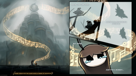 4_panel_comic ambiguous_gender antennae_(anatomy) anthro beak black_eyes bodily_fluids clothing crying ellipsis empty_eyes feral group musical_note musical_symbol outside solo_focus symbol tears tears_of_joy text white_text lucaniamc hollow_knight:_silksong hollow_knight_(franchise) team_cherry arthropod thread_raker 16:9 comic english_text hi_res widescreen