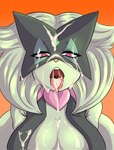 anthro big_breasts bodily_fluids breasts cum cum_on_face cum_on_tongue female fur genital_fluids green_body green_fur heart_eyes heart_symbol looking_at_viewer open_mouth pink_eyes pink_nose solo tongue tongue_out lobovalkiria nintendo pokemon meowscarada_(lobovalkiria) generation_9_pokemon meowscarada pokemon_(species) hi_res