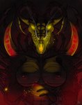 anthro biped bound breasts chain chained female fire glowing glowing_eyes horn horror_(theme) looking_at_viewer magic nipples nude simple_background solo dew_dragon demon scalie hi_res