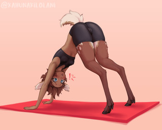 blue_eyes bra camel_toe clothing downward_dog female hair short_hair solo sports_bra surprised tail underwear yoga_mat yoga_shorts kahunakilolani brooke_(kahunakilolani) deer humanoid mammal hi_res