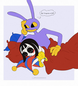 4_fingers after_sex anthro bed_sheet bedding duo female fingers larger_male looking_at_another male male/female size_difference sleeping smaller_female smile smiling_at_another smiling_at_partner somnambulaart glitch_productions the_amazing_digital_circus jax_(tadc) pomni_(tadc) humanoid lagomorph leporid mammal rabbit hi_res