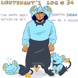 ambiguous_gender black_body blonde_hair blue_body clothing costume eyes_closed feral group gym_leader hair male onesie paws pokemon_costume simple_background sitting sitting_on_ground sleeping_on_floor standing tail text trio white_background shittysurge nintendo pokemon lt._surge generation_4_pokemon human mammal pokemon_(species) shinx 1:1 english_text hi_res