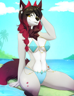 anthro black_hair black_nose breasts clothed clothing cloud day detailed_background eyebrows eyelashes female hair midriff navel outside sky smile solo wolflady canid canine canis domestic_dog mammal character_request digital_media_(artwork) shaded