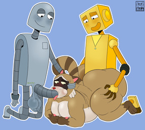 all_fours anal anal_penetration anthro balls big_balls big_butt big_penis black_eyes blue_background blush bodily_fluids brown_body brown_ears brown_fur brown_tail butt fellatio fur genitals grey_body group half-closed_eyes hand_on_butt hand_on_head huge_penis interspecies kneeling looking_at_another looking_pleasured machine male male/male male_penetrated male_penetrating male_penetrating_male moobs multicolored_body multicolored_fur narrowed_eyes nipples obese obese_anthro obese_male oral overweight overweight_anthro overweight_male penetration penile penile_penetration penis penis_in_ass penis_in_mouth pink_nipples raccoon_tail red_nose sex simple_background smile spitroast sweat tail thick_thighs tongue tongue_out trio two_tone_tail yellow_body itsme_hilo robot_dreams rascal_(robot_dreams) robot_(robot_dreams) tin_(robot_dreams) mammal procyonid raccoon robot 2025 digital_media_(artwork) hi_res signature