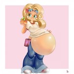 anthro belly big_belly bloated blonde_eyebrows blonde_hair blue_bottomwear blue_clothing blue_eyes blue_pants border bottomwear cheek_bulge clothing eating eyebrows eyelashes eyewear eyewear_on_head female food footwear fruit goggles goggles_on_head grey_eyewear grey_goggles hair holding_food holding_fruit holding_object huge_belly hyper hyper_belly pants pink_background plant shirt shoes simple_background solo tan_body tan_ears tan_inner_ear topwear white_border white_clothing white_shirt white_topwear wumpa_fruit bug_pk activision crash_bandicoot_(series) coco_bandicoot bandicoot mammal marsupial 2024 colored digital_media_(artwork) hi_res shaded signature