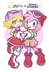 accessory anthro black_nose blonde_hair boots clothing cosplay dress duo female footwear gloves green_eyes hair hair_accessory hairband handwear hat headgear headwear open_mouth pink_hair shoes short_hair text thin_calves thin_legs thin_thighs bone_(artist) puyo_puyo sega sonic_the_hedgehog_(series) amitie amy_rose eulipotyphlan hedgehog human mammal puyo english_text japanese_text