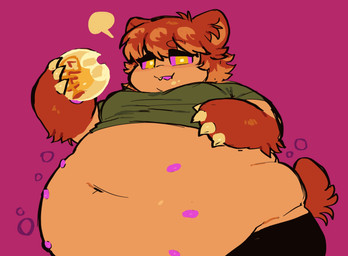 anthro bangs belly big_belly black_bottomwear black_clothing black_eyelids black_pants bloated bottomwear brown_body brown_fur brown_hair chewing chubby_cheeks circle_eyebrows claw_fingers claws clothing cute_fangs eating eating_food emanata eyebrow_through_hair eyebrows fangs fish_egg fluffy fluffy_tail fur golden_egg green_clothing green_shirt green_topwear hair lidded_eyes love_handles male moobs morbidly_obese morbidly_obese_anthro morbidly_obese_male multi_nipple multicolored_eyes navel nipples obese obese_anthro obese_male one_fang open_mouth open_smile orb overweight overweight_anthro overweight_male pants partial_fur pupils purple_nipples purple_sclera shirt shirt_up short_hair short_sleeves short_tail simple_background smile smiling_at_viewer solo speech_bubble sphere square_eyes square_pupils standing tail tan_body tan_skin teats teeth three-quarter_view topwear translucent translucent_hair weight_gain yellow_pupils serafphim nintendo splatoon charlie_(serafphim) bear mammal 2026 half-length_portrait hi_res portrait shaded simple_shading