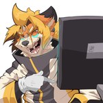 anthro bodily_fluids crying_laughing electronics gesture hand_gesture laugh male monitor pointing smile solo tears iaian_luxo_fox canid canine fox mammal 1:1 absurd_res hi_res meme