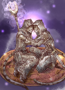 anthro armor clothed clothing duo female hair magic_user melee_weapon nails staff sword tail weapon tomato_(artist) bethesda_game_studios microsoft the_elder_scrolls the_elder_scrolls_online khali_(eso) shazah_(eso) domestic_cat felid feline felis khajiit mammal sibling_(lore) sister_(lore)