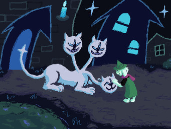3_heads ambiguous_gender anthro building detailed_background duo feral grin headpat house male multi_head smile teeth toony demensa deltarune undertale_(series) clover_(deltarune) ralsei bovid caprine darkner goat mammal monster 2025 4:3 digital_media_(artwork) hi_res pixel_(artwork)