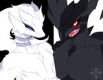 anthro black_body blue_eyes breast_squish breasts duo female femboy fur hair looking_at_viewer male male/female moobs muscular muscular_anthro muscular_male nude open_mouth pecs simple_background squish white_body white_fur wings gaiki mythology nintendo pokemon dragon generation_5_pokemon legendary_pokemon mythological_creature mythological_scalie pokemon_(species) reshiram scalie zekrom digital_media_(artwork) hi_res