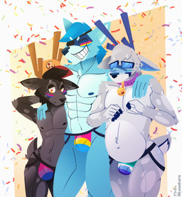 5_fingers abs anthro anthro_on_anthro antlers bell bell_collar belly_tuft big_butt bisexual_pride_colors black_body black_eye_patch black_eyewear black_fur black_hair black_nipples blue_antlers blue_body blue_clothing blue_fur blue_jockstrap blue_underwear blush bodypaint butt chest_tuft clothing collar confetti eye_patch eyewear face_paint fingers fur grey_body grey_fur hair hat headgear headwear hooved_fingers hooves horn jockstrap lgbt_pride looking_away looking_down male male/male markings muscular muscular_anthro muscular_male nipples pansexual_pride_colors pink_clothing pink_jockstrap pink_underwear pride_colors purple_collar slightly_chubby slightly_chubby_anthro slightly_chubby_male spots spotted_body spotted_fur thick_thighs tuft underwear vincian_pride_colors white_body white_fur white_spots yellow_antlers yellow_clothing yellow_hat yellow_headwear yellow_jockstrap yellow_underwear skweekers lgbt_pride_month dutch_(skweekers) pepper_(skweekers) spot_(skweekers) deer mammal procyonid raccoon 2026 hi_res