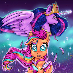 crown duo feathers female feral headgear horn regalia rock sparkles star_eyes wings nkitsune_chan friendship_is_magic hasbro mlp_g5 my_little_pony mythology sunny_starscout_(mlp) twilight_sparkle_(mlp) earth_pony equid equine horse mammal mythological_creature mythological_equine pony winged_unicorn