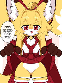asian_clothing bedroom_eyes blush bottomwear clothed clothing clothing_lift collar east_asian_clothing female flashing flashing_pussy fluffy fluffy_tail fur genitals humanoid_genitalia humanoid_vulva japanese_clothing legwear long_tail looking_at_viewer miko_outfit narrowed_eyes open_mouth oral_request panties panties_down partially_clothed presenting presenting_vulva red_eyes requesting seductive sex_request simple_background skirt skirt_lift solo speech_bubble stockings tail text underwear underwear_down upskirt vulva yellow_body yellow_fur km-15 lumen_(km-15) canid canine fox mammal 3:4 english_text hi_res