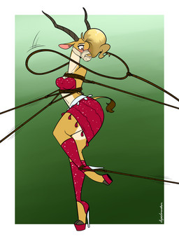 anthro bdsm blush bondage border bound breasts cleavage clothed clothing female footwear gag gagged high_heels hooves lasso midriff restraints rope rope_bondage shoes solo white_border spiderweber disney zootopia gazelle_(zootopia) antelope bovid gazelle mammal absurd_res hi_res