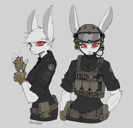 anthro armor black_bottomwear black_clothing black_shirt black_topwear bottomwear breasts bulletproof_vest clothing eyewear female fur gloves goggles hair handwear headgear headgear_only helmet helmet_only military_helmet red_eyes shirt solo t-shirt tactical_gear topwear white_body white_fur white_hair endjfcar vera_(endjfcar) lagomorph leporid mammal rabbit hi_res