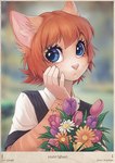 2014 anthro blue_eyes clothing digital_media_(artwork) domestic_cat felid feline felis female flower hair heart_symbol iskra mammal orange_hair plant shaded solo text vera_(iskra)