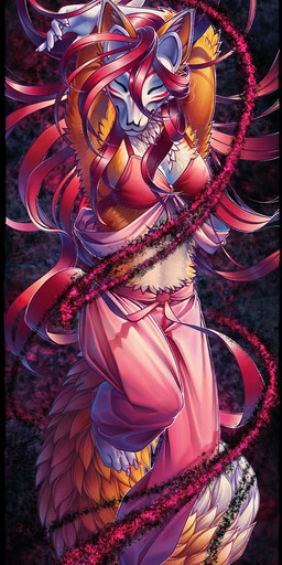 animal_mask anthro barefoot bottomwear bra breasts clothing dakimakura feet female flowing_hair fox_mask hair hands_behind_head long_hair looking_at_viewer mask pants solo underwear conditional_dnp ratte ko-fi legacy_(ratte) mythology patreon kumo_(ratte) canid canine fox mammal wraith 2025 hi_res signature