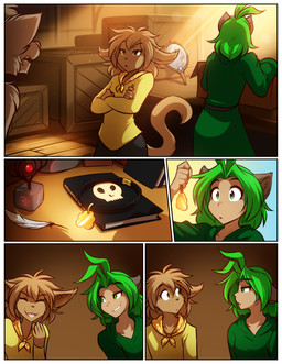 anthro biped book border bottomwear breasts brown_body brown_fur brown_hair brown_tail clothed clothed_anthro clothed_female clothed_humanoid clothing collar collar_tag crossed_arms female fully_clothed fully_clothed_anthro fully_clothed_female fully_clothed_humanoid fur green_hair group hair holding_object inside male open_mouth smile tail topwear white_border conditional_dnp tom_fischbach twokinds karen_taverndatter madelyn_adelaide sythe_(twokinds) basitin humanoid keidran mammal comic digital_media_(artwork) hi_res