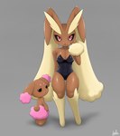 absurd_res anthro biped black_sclera blush breasts brown_eyes buneary clothing duo evolutionary_family female front_view generation_4_pokemon grey_background hi_res kalu_(pixiv) looking_at_viewer looking_back lopunny medium_breasts nintendo pink_eyes pokemon pokemon_(species) rear_view shiny_pokemon simple_background smile