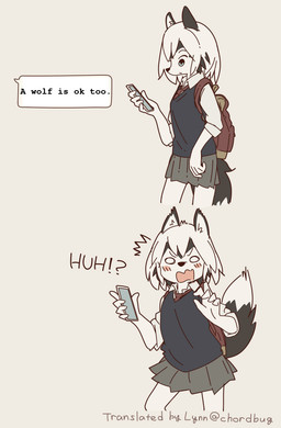 5_fingers anthro backpack blue_eyes blush bottomwear cellphone clothed clothing electronics female fingers fur hair kemono looking_at_viewer open_mouth phone simple_background skirt smartphone solo standing surprised text white_background white_body white_fur third-party_edit yagi_the_goat a_cat_is_fine_too canid canine canis domestic_dog husky mammal nordic_sled_dog siberian_husky spitz english_text hi_res meme