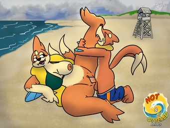 anthro areola beach bikini bikini_top breasts clothing cloud duo female female_anthro genitals humanoid_genitalia humanoid_penis larger_anthro larger_female lifeguard_tower male male/female nipples orange_areola orange_nipples penis sex_on_the_beach size_difference smaller_anthro smaller_male swimming_trunks swimwear two-piece_swimsuit vulva eliktroniq nintendo pokemon buizel floatzel generation_1_pokemon generation_4_pokemon pokemon_(species) wartortle 4:3 absurd_res hi_res
