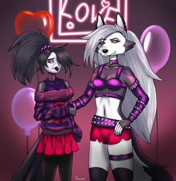 anthro balloon beak belt bottomwear bra clothing duo ear_piercing ears_up feathers female female/female hair inflatable long_hair neon piercing shorts skirt sweater tail tail_feathers topwear underwear kotani hellaverse helluva_boss loona_(helluva_boss) octavia_(helluva_boss) avian bird canid canine canis mammal owl wolf hi_res