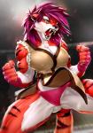 5_fingers anthro big_breasts black_lips black_nose bodily_fluids breasts butt butt_from_the_front cleavage clothed clothing female fingers fist front_view fur hair keikogi lips martial_arts_uniform mma muscular muscular_anthro muscular_female open_mouth orange_body orange_fur panties panty_shot pink_clothing pink_hair pink_panties pink_underwear roaring saliva sharp_teeth solo spittle sportswear standing stripes teeth tongue underwear white_body white_fur mr._mist darya_(ravencrafte) felid mammal pantherine tiger 2018 digital_media_(artwork) hi_res