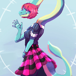 anthro blue_body blue_eyes bottomwear breasts clothed clothed_anthro clothed_female clothing female fingers gesture green_body grey_background grey_clothing grey_sweater grey_topwear hair humanoid_hands long_neck looking_at_viewer medium_breasts medium_hair non-mammal_breasts one_eye_closed pattern_bottomwear pattern_clothing pattern_skirt pink_hair plaid plaid_bottomwear plaid_clothing plaid_skirt side_view simple_background skirt smile solo sweater tail topwear waving waving_at_viewer bookbin cavemanon_studios i_wani_hug_that_gator liz_farlane brachiosaurid brachiosaurus dinosaur macronarian prehistoric_species reptile saurischian sauropod sauropodomorph scalie 1:1 colored half-length_portrait hi_res portrait shaded