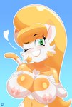 anthro big_breasts blonde_hair breasts female green_eyes hair lips nipples orange_lips pink_nipples pose solo cranebear jessica_young_melis domestic_cat felid feline felis mammal absurd_res hi_res pinup