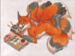 anthro canid canine chopsticks claws eating food fox fur green_eyes grey_body grey_fur happy high-angle_view ifus male mammal multi_tail multicolored_body multicolored_fur nude open_mouth orange_body orange_fur pupils simple_background slit_pupils solo sushi tail teeth tongue traditional_media_(artwork) white_background white_body white_fur