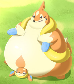 ambiguous_gender anthro belly belly_squish big_belly black_eyes black_nose dipstick_tail duo grass huge_belly markings multicolored_body obese obese_ambiguous obese_anthro on_another open_mouth open_smile orange_body orange_tail outside overweight overweight_ambiguous overweight_anthro pink_mouth pink_tongue plant smile snaggle_tooth squish tail tail_markings tan_body tan_tail_tip tongue two_tone_body under_belly hgh-pine nintendo pokemon buizel floatzel generation_4_pokemon pokemon_(species) 2026 colored digital_media_(artwork) hi_res japanese_description shaded