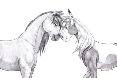 accessory bedroom_eyes duo eye_contact feather_in_hair female feral hair hair_accessory looking_at_another loose_feather male male/female narrowed_eyes seductive baron_engel dreamworks spirit:_stallion_of_the_cimarron rain_(cimarron) spirit_(cimarron) equid equine horse mammal 2026 greyscale monochrome