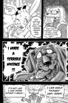 anthro bodily_fluids book breasts canid canine canis clothed clothing comic daigaijin dialogue domestic_dog duo english_text female furryfight_chronicles hi_res lagomorph leporid mammal mellow_(furryfight_chronicles) monochrome muko one_eye_closed poodle rabbit sweat text tongue tongue_out wink