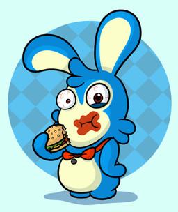 alternate_species anthro bloodshot_eyes blue_body blue_fur blue_hair bow_tie bow_tie_only brown_eyes burger cheek_tuft eating eating_food facial_tuft featureless_crotch featureless_legs food fur hair holding_burger holding_food holding_object lettuce lidded_eyes long_ears male mitten_hands mostly_nude mostly_nude_anthro mostly_nude_male multicolored_body multicolored_fur noseless plant rabbidification red_bow_tie sauce_on_face short_hair short_legs simple_background solo standing tan_body tan_fur tan_inner_ear toony tuft two_tone_body two_tone_fur vegetable crispytoastyt raving_rabbids rayman_(series) the_walten_files ubisoft bon_(twf) lagomorph mammal rabbid 2021 cel_shading colored digital_drawing_(artwork) digital_media_(artwork) english_description hi_res shaded