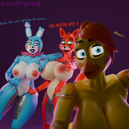 anthro areola beak big_breasts black_lips blue_body blue_eyes blush blush_stickers breasts countershading crossgender dialogue female genitals green_eyes group hair hand_on_breast huge_breasts lips looking_at_viewer machine mtf_crossgender nipples nude nude_anthro nude_female orange_hair purple_background red_body robot_joints simple_background teeth text trio vulva white_body white_countershading yellow_body lpyro9 disembowell_(modeler) psychojohn2_(modeler) five_nights_at_freddy's five_nights_at_freddy's_2 scottgames foxy_(fnaf) toy_bonnie_(fnaf) toy_chica_(fnaf) avian bird canid canine chicken fox galliform lagomorph leporid mammal phasianid rabbit robot 1:1 2024 3d_(artwork) artist_name digital_media_(artwork) english_text
