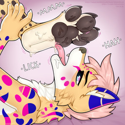 anthro bed black_pawpads bodily_fluids dipstick_ears duo ear_markings feet foot_fetish foot_focus foot_lick foot_play fur furniture hair hand_on_another's_leg humanoid_hands inner_ear_fluff licking looking_pleasured lying lying_on_bed markings multicolored_ears on_back on_bed onomatopoeia pawpads pink_ear_tips pink_hair pink_spots pink_tongue purple_ear_tips purple_spots saliva saliva_on_foot saliva_on_tongue sound_effects spots spotted_body spotted_fur tan_inner_ear text tongue tongue_out tuft white_body white_fur white_inner_ear_fluff yellow_body yellow_fur inkoofficail 1:1 2026 digital_drawing_(artwork) digital_media_(artwork) english_description hi_res