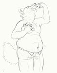 2020 anthro belly big_belly black_and_white bottomwear canid canine cettus clothing cookie denim denim_bottomwear denim_clothing digital_drawing_(artwork) digital_media_(artwork) eating eyes_closed food fox inner_ear_fluff jeans love_handles male mammal monochrome moobs navel nipples overweight overweight_anthro overweight_male pants solo stretch_marks tongue tuft weight_gain whiskers