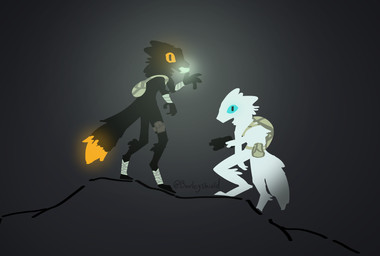 4_fingers ambiguous_gender anthro backpack bandage bandaged_arm bandaged_leg blue_sclera digitigrade dipstick_tail duo fingers fur grey_body grey_fur gun head_tuft holding_gun holding_object holding_ranged_weapon holding_weapon leg_pouch markings neck_tuft object_in_mouth orange_sclera pupils ranged_weapon rock tail tail_markings tuft weapon white_body white_fur barleys_shield casualties:_unknown gunsawian milky_(gunsawian) hi_res