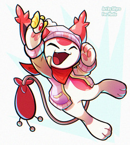 ambiguous_gender anthro badge big_ears clothing fur happy hat headgear headwear jacket jumping long_tail pawpads paws pink_body pink_clothing pink_fur scarf solo tail topwear blitzdrachin conditional_dnp nintendo pokemon pokemon_mystery_dungeon spike_chunsoft felid feline generation_3_pokemon mammal pokemon_(species) skitty
