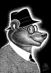 anthro clothed clothing eyewear fur glasses hat headgear headwear looking_back male mouth_closed necktie shirt side_view smile solo topwear vest nikraccoom night_in_the_woods angus_delaney bear mammal 2023 hi_res monochrome signature