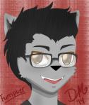 anthro black_hair brown_eyes eyewear fur glasses grey_body grey_fur hair male smile solo teeth discordmelody furriplier markiplier canid canine canis domestic_dog mammal hi_res