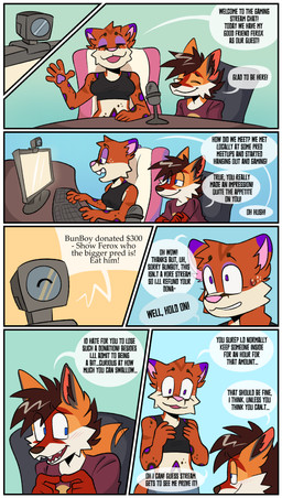 anthro bodily_fluids brown_hair camera chat clothed clothing computer dialogue donation donation_incentive duo electronics female fur gaming gaming_chair gesture guest_appearance hair half-closed_eyes livestream looking_at_viewer looking_away male male/female microphone narrowed_eyes orange_body orange_fur red_body red_fur speech_bubble spots sweat sweatdrop tail tail_motion tailwag text waving waving_at_viewer white_body white_fur fioldude ferox_(feroxdoon) sero_(feroxdoon) canid canine cougar felid feline fox hybrid jaguar mammal pantherine red_fox true_fox absurd_res comic english_text hi_res nonbinary_(lore)