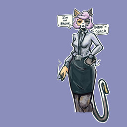 anthro badge bottomwear cigarette clothing dialogue ear_piercing female hair legwear markings mole_(marking) mole_under_eye mole_under_mouth office_lady pantyhose piercing pink_hair short_hair skirt solo speech_bubble tail text bbravaa polly_(bbravaa) felid mammal 1:1 colored hi_res
