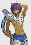 2021 :3 abs absurd_res anthro arthropod black_body black_fur black_nose black_spots bottomwear cheetah cheetu_(hunter_x_hunter) chest_tuft chimera_ant clothed clothing cutoffs daisy_dukes denim denim_bottomwear denim_clothing digital_media_(artwork) digital_painting_(artwork) felid feline front_view fur green_eyes hair hand_behind_head hand_on_leg hand_on_thigh hi_res hotpants hunter_x_hunter hybrid insect kiske_7key looking_at_viewer male mammal markings multicolored_body multicolored_fur muscular muscular_male navel portrait pose purple_hair raised_tail segmented_arms serratus short_hair shorts simple_background solo spots spotted_body spotted_fur standing tail thick_thighs three-quarter_portrait tongue tongue_out topless tuft white_background white_body white_fur