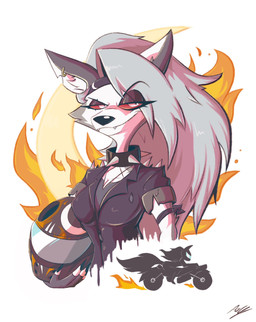 anthro clothing collar ear_piercing fangs female fur grey_body grey_fur grey_hair hair handwear long_hair looking_at_viewer motorcycle motorcycle_helmet piercing red_sclera simple_background smug solo spiked_collar spikes teeth tuft vehicle white_background white_body white_eyes white_fur adam_clowery hellaverse helluva_boss mythology loona_(helluva_boss) canid canid_demon canine demon hellhound mammal mythological_canine mythological_creature 2025 digital_media_(artwork) hi_res signature