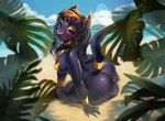 anthro beach big_breasts black_body black_fur black_hair breasts butt clothing ear_piercing ear_ring female fingers fur hair jewelry markings nipples nude piercing ring_piercing seaside solo rizapiska serket_(psychoh13) domestic_cat felid feline felis mammal absurd_res hi_res