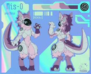 anthro cherry female food fruit machine pawpads paws plant protogen_armor protogen_visor purple_body solo flightov mis-0_(character) protogen hi_res model_sheet