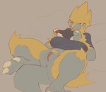 anthro anthrofied anus barely_visible_anus biped bottomless breasts clothed clothing female fur gaming generation_3_pokemon genitals hi_res lazybracket manectric nintendo nintendo_switch nipple_outline playing_videogame pokemon pokemon_(species) pokemorph pussy solo tail yellow_body yellow_fur